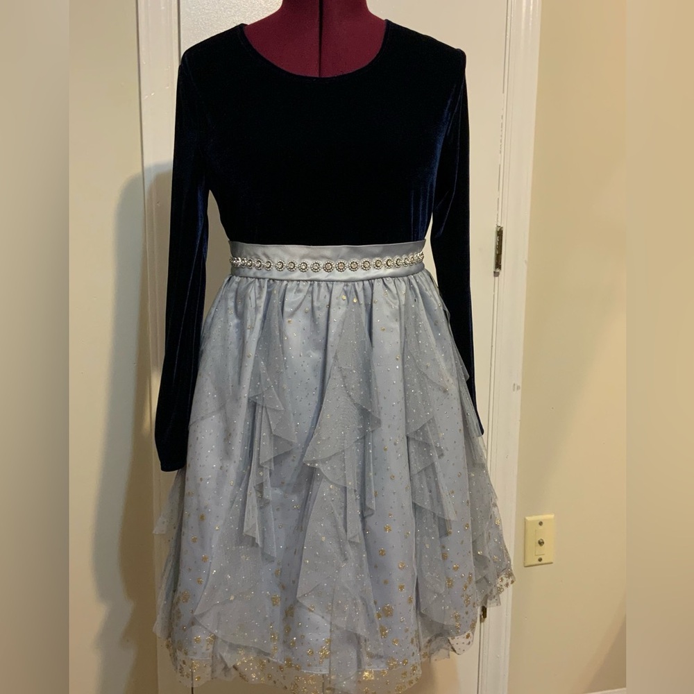 NWOT Bonnie Jean Girls Youth Formal Velvet Dress With Tulle Skirt, Blue/…